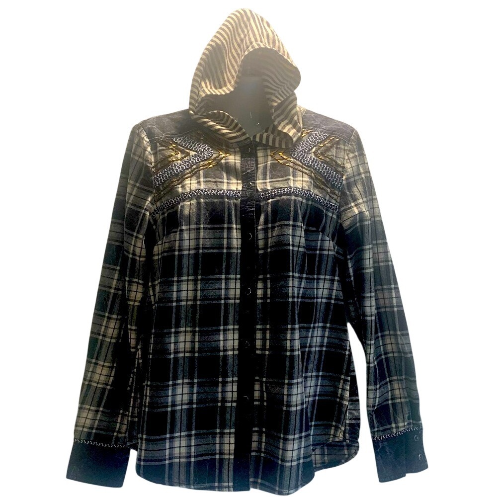 Women's Gimmicks by BKE Black White‎ Blue Plaid Button Down Shirt with Hoodie